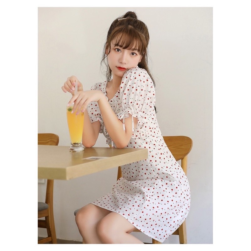 style-พร้อมส่ง-8846-ชุดเดรส-เสื้อผ้าแฟชั่นสไตล์เกาหลี-สตอเบอรี่สีขาวแนวสาวเกาหลี-ผ้ายืดนิ่ม-สวยชุดกระโปรง