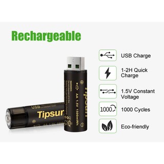 ถ่านชาร์จ AA 1.5V 1000 mAh ชาร์จผ่าน USB เป็นมิตรสิ่งแวดล้อม รีชาร์จได้มากกว่า 1000 ครั้ง