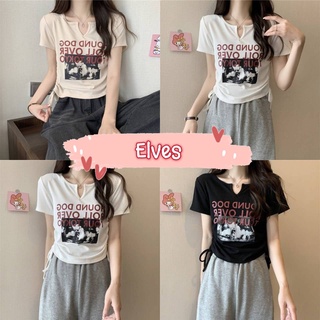 Elves✨พร้อมส่ง✨ เสื้อครอปสั้นไหมพรม แขนสั้น ดีเทลลายเก๋ไม่ซ้ำใคร ~M5501~ -C