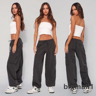 Bigmall- กางเกงขายาว ขากว้าง เอวต่ํา ยางยืด ปรับได้ มีหลายกระเป๋า สีพื้น สําหรับผู้หญิง