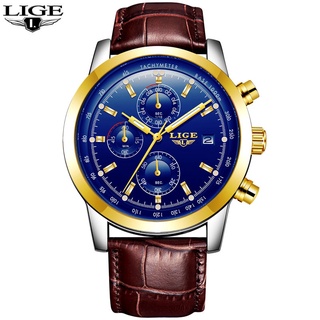 LIGE Mens Watches Top Brand Luxury Leather Casual Quartz Watch Men Military Sport Waterproof Clock Gold