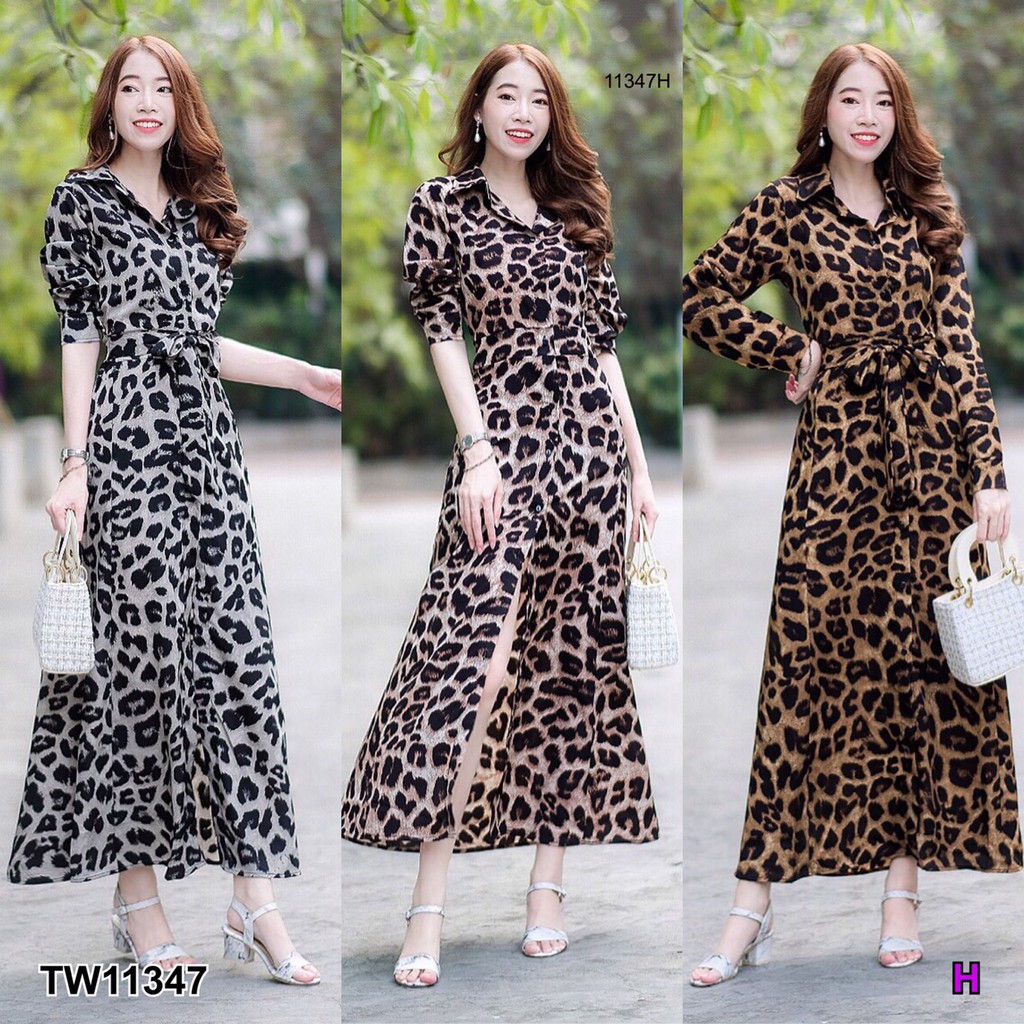 สอบถามก่อนสั่งนะคะ-tw11347-maxi-dress-เดรสยาวปกเชิ้ต-ติดกระดุมหน้า-แขนยาว-เนื้อผ้าหางกระรอกลายเสือ