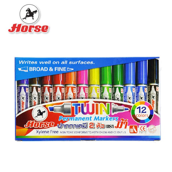 ราคาและรีวิวHORSE ตราม้า ชุดปากกาเคมี 2หัว TWIN-PEN - 12สี (1x1) กล่อง