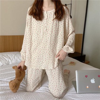 สินค้าใหม่ฤดูใบไม้ร่วงกางเกงขายาวผ้าฝ้ายเกาหลีชุดนอนผู้หญิงสไตล์ญี่ปุ่นบางสองชิ้นชุดโฮมเซอร์วิส