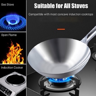 ▧☸430 Stainless Steel Frying Pan Chinese Handmade Wok Thick Non-stick Uncoated Round Bottom Household Pot Gas Cookware C