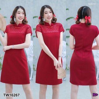 TW16267 ชุดมินิเดรสกี่เพ้าคอจีน แต่งลูกไม้ สีแดง ใส่ตรุษจีน เที่ยว ลำลอง น่ารักๆ เสื้อผ้าผู้หญิงสวยๆออกงาน