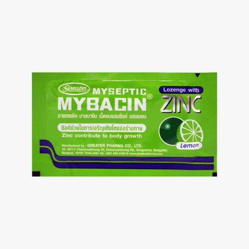 ภาพหน้าปกสินค้าGreater Myseptic Mybacin Zinc Lemon 10 Tabs เกร๊ทเตอร์ มายติค มายบาซิน ซิงค์ รสมะนาว 10 เม็ด 1 แผง