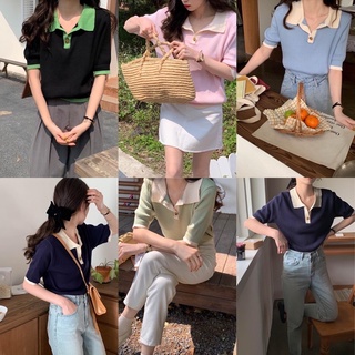 chuuchop_พร้อมส่ง(C7698) 🥦🧿 TRIPLE TEMP polo shirts เสื้อโปโลแขนสั้นผ้าไหมพรมแต่งสีทูโทน มี5สี