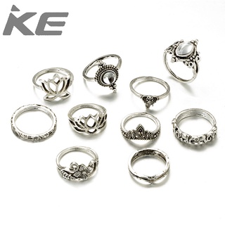 exaggerated hollow carved large gem lotus shape 10-piece combination ring for girls for women
