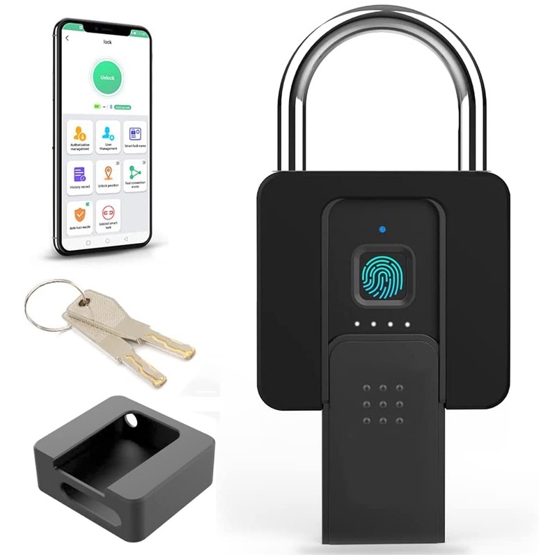 กุญแจสแกนลายนิ้วมือ-สมาร์ทล็อคประตูยางป้องกันแม่กุญแจรองรับลายนิ้วมือ-app-บลูทูธปลดล็อค-กันน้ำและครีมกันแดด