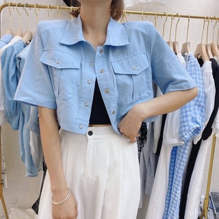 Nicha crop blazer 973/1เสื้อคลุมแขนสั้น แต่งกระเป๋าหน้า ผ้าดีไม่หนา ใส่ได้ 2 แบบค่ะ