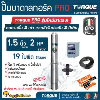 TORQUE (PRO2) ปั๊มบาดาล รุ่น TQ-SP4BH19-4 (220V.) 1.5นิ้ว 2HP 19ใบ (สายไฟ 3x2.5 +ฝาบ่อ 2นิ้ว+กล่องคอนโทรล) บาดาล