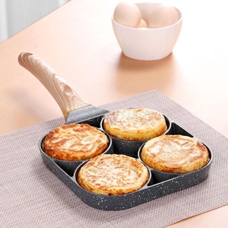 ❐♧❈4 Hole Omelet Pan for Burger Eggs Ham Pancake Maker Wooden Handle Frying Pot Non-stick Cooking Breakfast