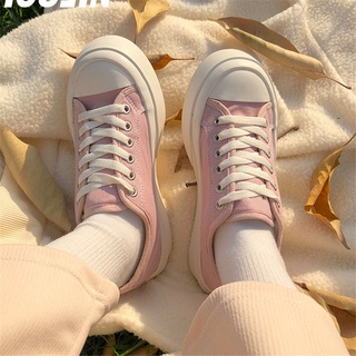 สินค้า 👟รองเท้าผ้าใบ👟รองเท้าผ้าใบผู้หญิง รองเท้าผ้าใบสีขาว รองเท้าผ้าใบแฟชั่น รองเท้าผูกเชือก ส้นสูง3cm มี 4 สี
