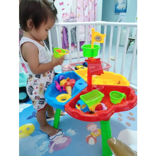 Rent Baby Gear INCLUDING TEMI Toddler Water Table For Kids 3 4 5 6 7 8 Years Old, Rain Showers Pond Sand Water Table, 3-Tier 4 Areas Outdoor Sensory Table For Toddlers