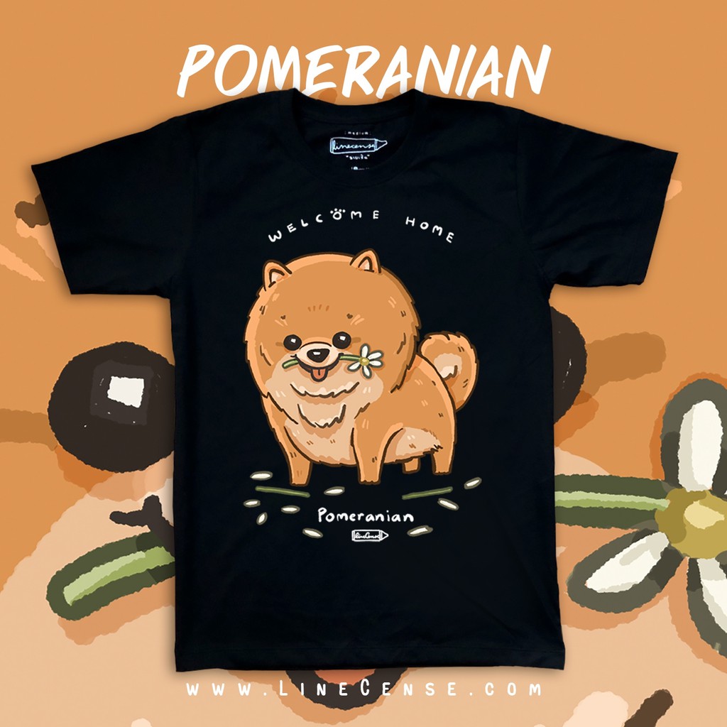 pomeranian-welcome-home-dog-on-premium-cotton-comp-100-t-shirt-เสื้อยืด-พรีเมี่ยม-สีดำ-ลายน้องหมาปอม