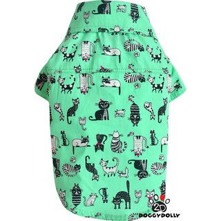 Pet cloths -Doggydolly  เสื้อผ้าแฟชั่นสัตว์เลี้ยง หมาแมว เชิ๊ต คอปกสีเขียวลายแมวเหมียว ขนาดไซส์ 1-9 โล - S075