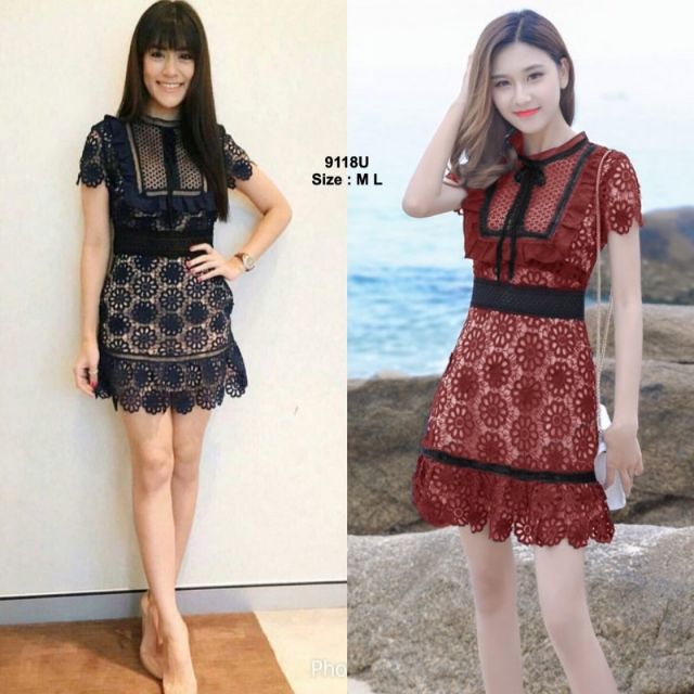 lt-tw9118-gt-dress-ชุดเดรสลูกไม้แขนสั้น-อกแต่งระบาย-ตัดเย็บตัดสีดำช่วงอก-เอว-และชายเดรสเป็นฉลุสีดำ