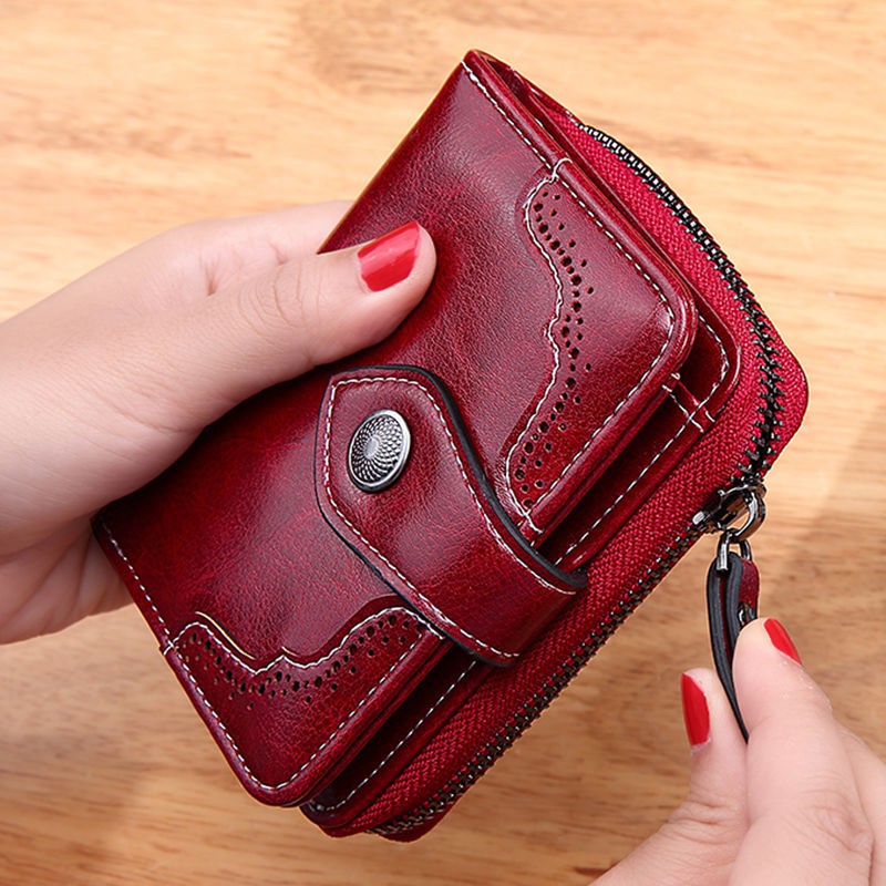 คลัตช์กระเป๋าสตางค์-ใหม่ย้อนยุคความจุขนาดใหญ่กระเป๋าสตางค์ผู้หญิงสั้นสองพับหัวเข็มขัดนุ่มกระเป๋าสตางค์ผู้หญิงซิปใส่บัตร