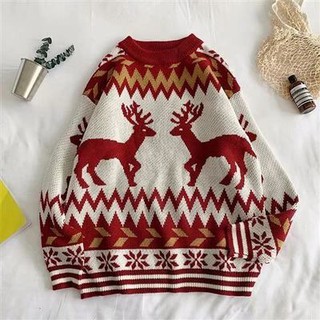 🔥Hot sale~ New Christmas couple sweater Elk เทรนด์แฟชั่นเกาหลีเสื้อสเวตเตอร์ทรงหลวม