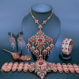 Thai jewellery ชุดเครื่องประดับสตรีไทย ชุดเซ็ทเครื่องประดับเจ้าสาวชุดไทย สีพิ้งโกลลงยาครบเซท สีนาคพลอยแดง jewelry set