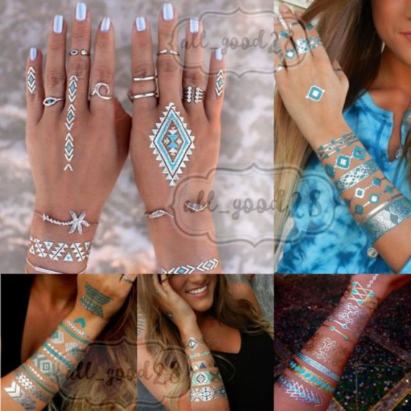 พร้อมส่ง-แทททูสติกเกอร์-สีทองเงินโทนฟ้า-gold-foil-tattoo-sticker