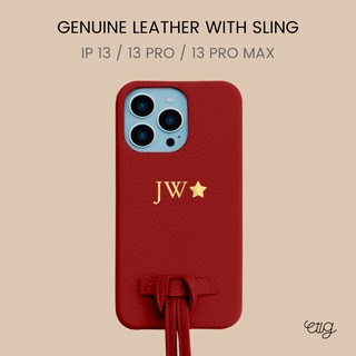 เคส IP 13 / 13 Pro / 13 Pro Max - Genuine Leather With Sling เคสหนังแท้สายสะพายถอดได้ ปั๊มชื่อ