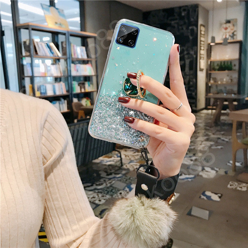 เคสโทรศัพท์-samsung-galaxy-a42-5g-phone-case-luxury-rhinestone-ring-holder-strap-fur-ball-clear-star-space-tpu-soft-casing-cover-for-samsung-a42-5g-เคส