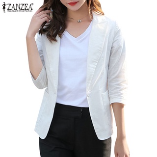 Celmia ZANZEA เสื้อแจ็กเก็ตลําลอง ผ้าฝ้าย แขน 3/4 ทรงหลวม แต่งกระดุม สีพื้น แฟชั่นฤดูใบไม้ผลิ และฤดูร้อน สําหรับสตรี
