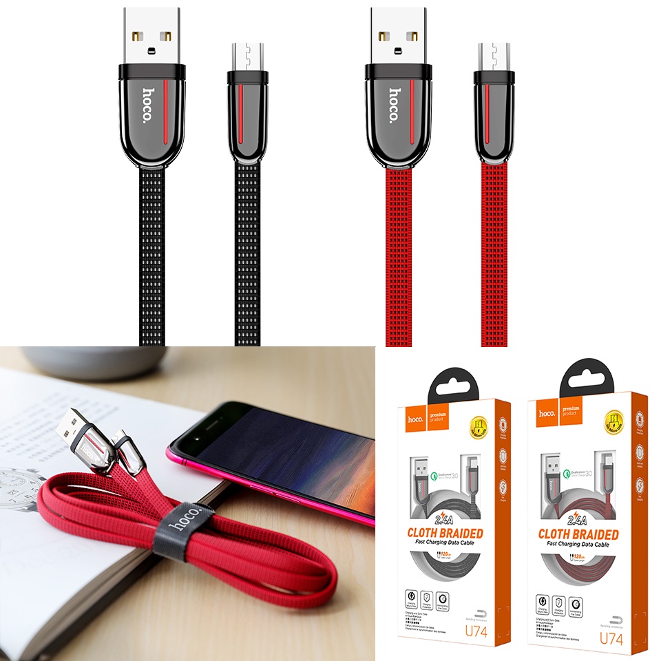 Hoco U74 สายชาร์จ ผ้าถัก แบบแบน จ่ายไฟ 2.4A ใช้สำหรับ iOS / Micro USB ...
