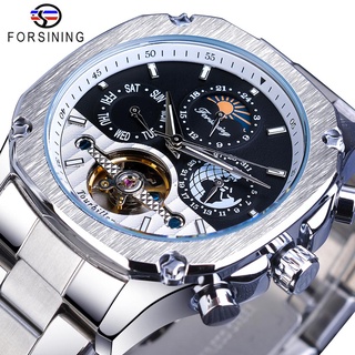 Forsining Automatic Watch Mens Tourbillon Mechanical Silver Square Stainless Steel Moonphase Male Self-Winding Relogio M