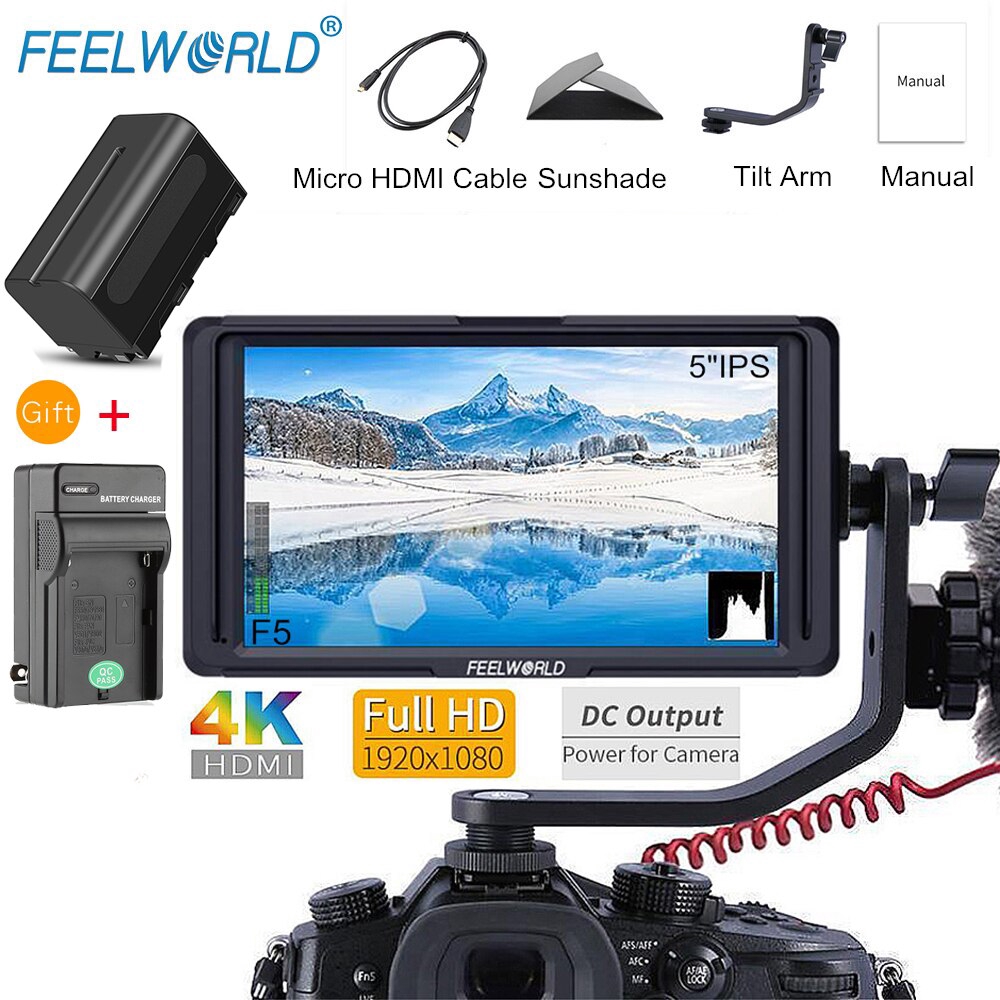 ราคาและรีวิวFEELWORLD F5 5" Camera Field Monitor 4K HDMI Full HD 1920x1080 IPS Video Peaking Focus Assist with NP750 Battery+Charger