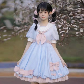 🔥Hot Sale / 22413Navy Collar Dress Schoolgirl 2022 Japanese Sweet Puff Sleeve Bow Tie Strap Stitching Flower Bud Skirt