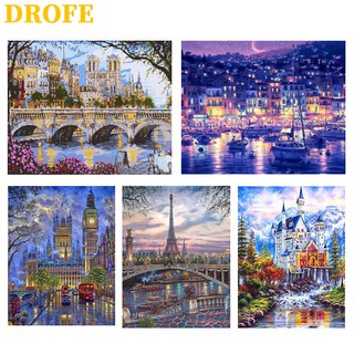 สินค้า DROFE ภาพวาดระบายสีตามตัวเลข DIY ลายอาคาร สำหรับตกแต่งบ้าน ขนาด 50X40 ซม.