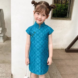 ✠△หญิง cheongsam ฤดูร้อน 2021 ใหม่สุทธิสีแดงชุดเด็กชุดย้อนยุคสไตล์จีนหญิงสมบัติสีทึบกระโปรง