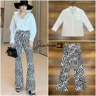 Showroom Brand : Co ord set of Zebra printed เซ็ตเสื้อเชิ้ตแขนตามอกแต่งกระเป๋า + กางเกงพิมลายม้าลายสีขาวดำ