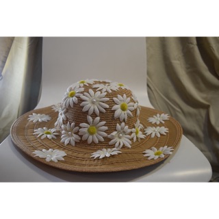 Handmade หมวกสานงานแฮนด์เมด wide brim ตกแต่งดอก daisy