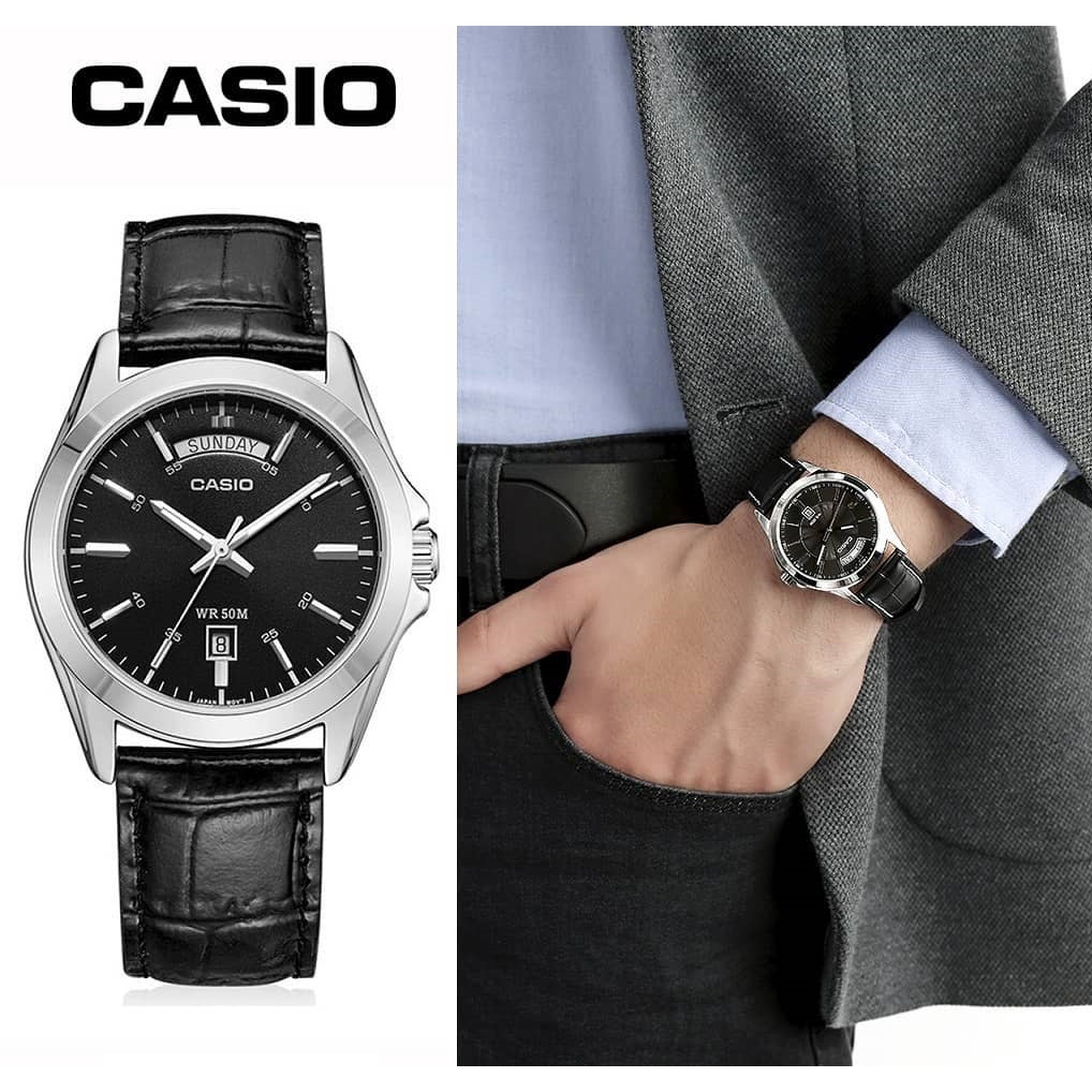 Casio MTP-1370L-1AV worn with a dark jacket