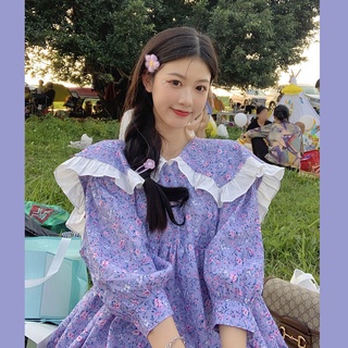 🍒 S-3XL เดรสสีม่วงอ่อนหวานและน่ารักตุ๊กตาดอกไม้สดขนาดเล็กคอปกหลวมแขนห้าจุดชุดเดรสแขนสั้นฤดูร้อน