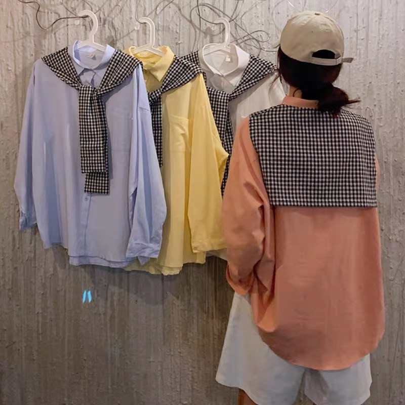 cici-พร้อมส่ง-เสื้อเชิ้ดตัวยาวสีพาสเทลเบสิค-แต่งเน็กไทลายสก็อตทูโทนวันสบายๆ-551