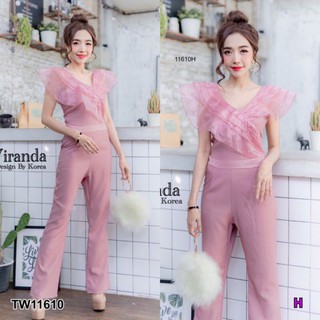 TW11610Jumpsuit จั๊มสูทขายาวแขนกุดเนื้อผ้าซาร่า ดีเทลช่วงอกแต่งระบายผ้าแก้วชั้นๆ คัทติ้ง