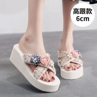 +1Size รองเท้าแตะแฟชั่น รองเท้าส้นตึก สไตล์เกาหลี ตกแต่งดอกไม้ Size 35-40