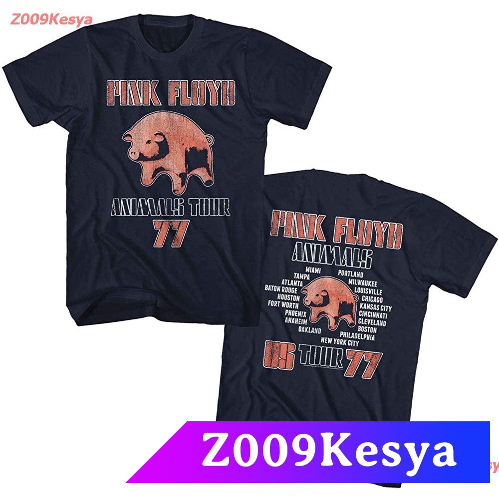 z009kesya-เสื้อยืดสีพื้นผู้ชาย-pink-floyd-t-shirt-animals-tour-77-front-and-back-navy-tee-discount-pink-floyd-พิงค์ฟรอยด