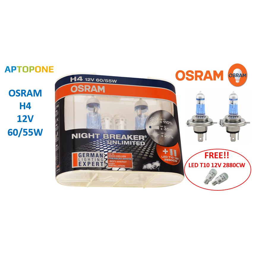 หลอดไฟ OSRAM H4 12V 60/55W แถม!!! [LED T10 12V 2880CW 2 หลอด] | Shopee  Thailand