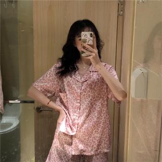 ชุดนอน เสื้อกางเกงนอน สไตล์เกาหลี ใหม่ พิมพ์เสือดาวสีชมพู ชุดนอนน่ารัก ชุดนอนสองชิ้น