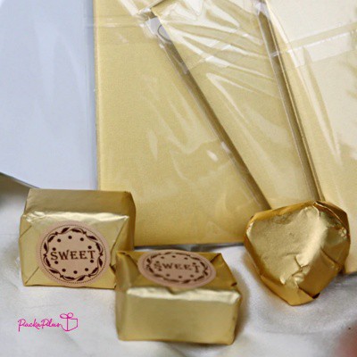 ฟอยล์ห่อช็อคโกแลต-เกรดพรีเมี่ยม-แผ่นอลูมิเนียมฟอยล์สีทองกึ่งด้าน-embossing-foil-wrappers-classic-gold-แพค-100-แผ่น