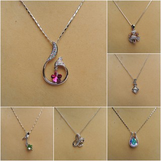 สร้อยคอพร้อมจี้ เงินแท้ 925 ประดับเพชร CZ เคลือบทองคำขาว งานคุณภาพ Silver Chain Rhinestone Pendant Necklace