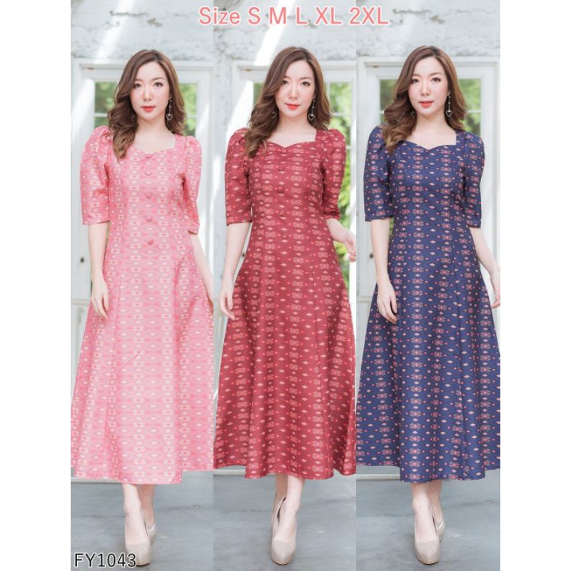 เดรสยาวลายไทย-คอเหลี่ยม-แต่งกระดุมหน้า-fy1043