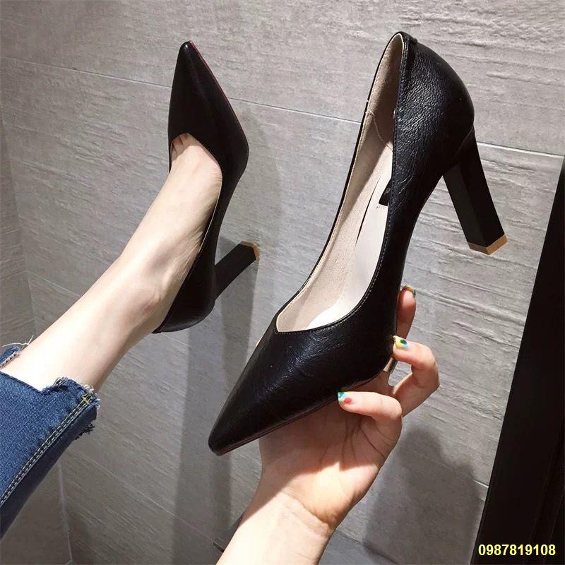 สปอตสินค้า-2022-ใหม่สไตล์ฝรั่งเศสรองเท้าส้นสูงสีดำผู้หญิงส้นหนาเล็กสดสีนู้ดชี้รองเท้า