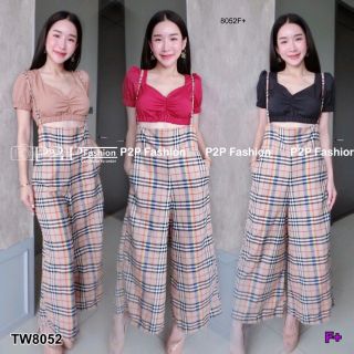 &lt;TW8052&gt;Set2ชิ้น ชุดเอี๊ยมกางเกง เอี๊ยมใส่ซิบด้านข้าง เจาะกระเป๋า2ข้าง ลายสก๊อต จับคู่มากับเสื้อครอป ตัวสั้น แขนตุ๊กตา